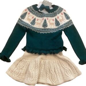 Girl Christmas Holiday Winter Outfit Sweater Skirt New 2T green gold red